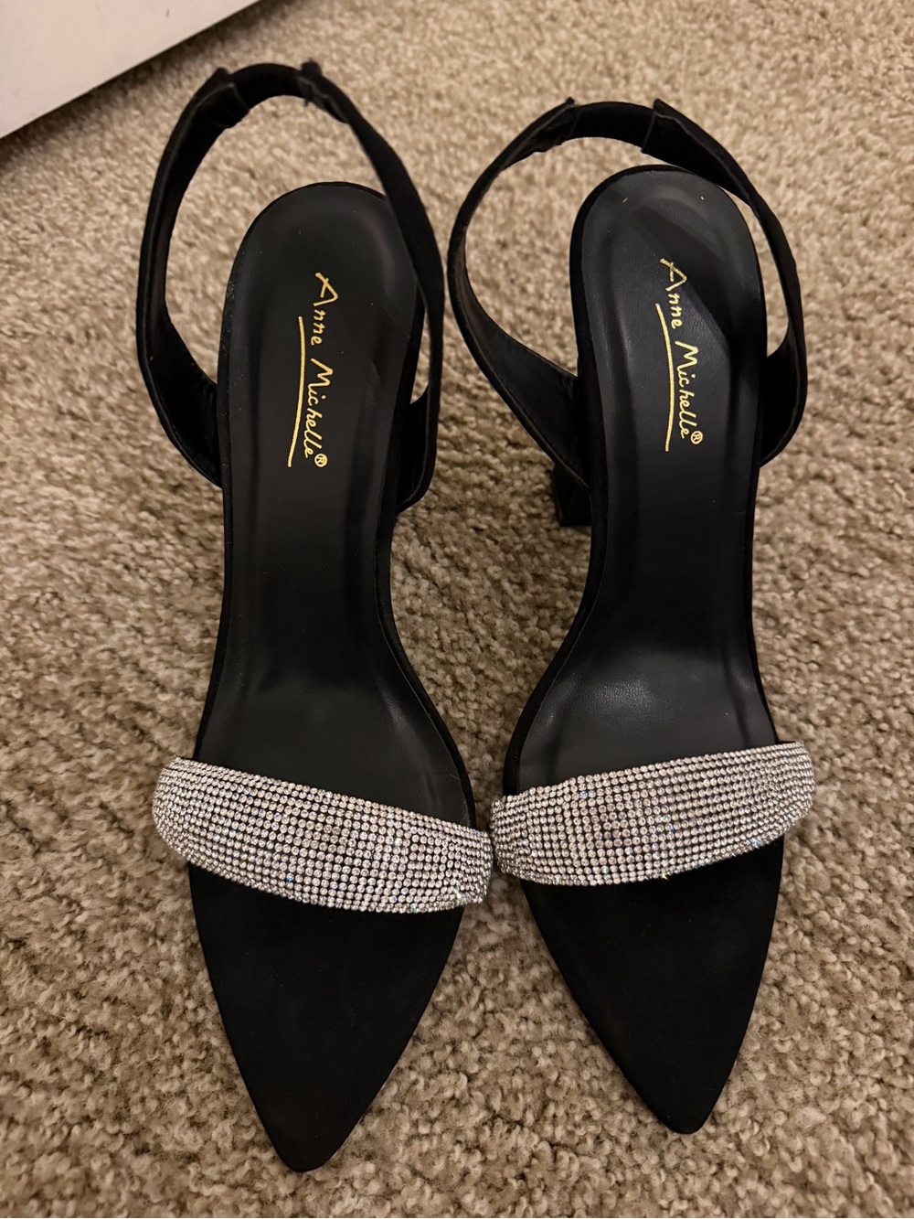 Anne Michelle Beloved-03 Size 10 Black Rhinestone Pointed Toe Slingback Heels